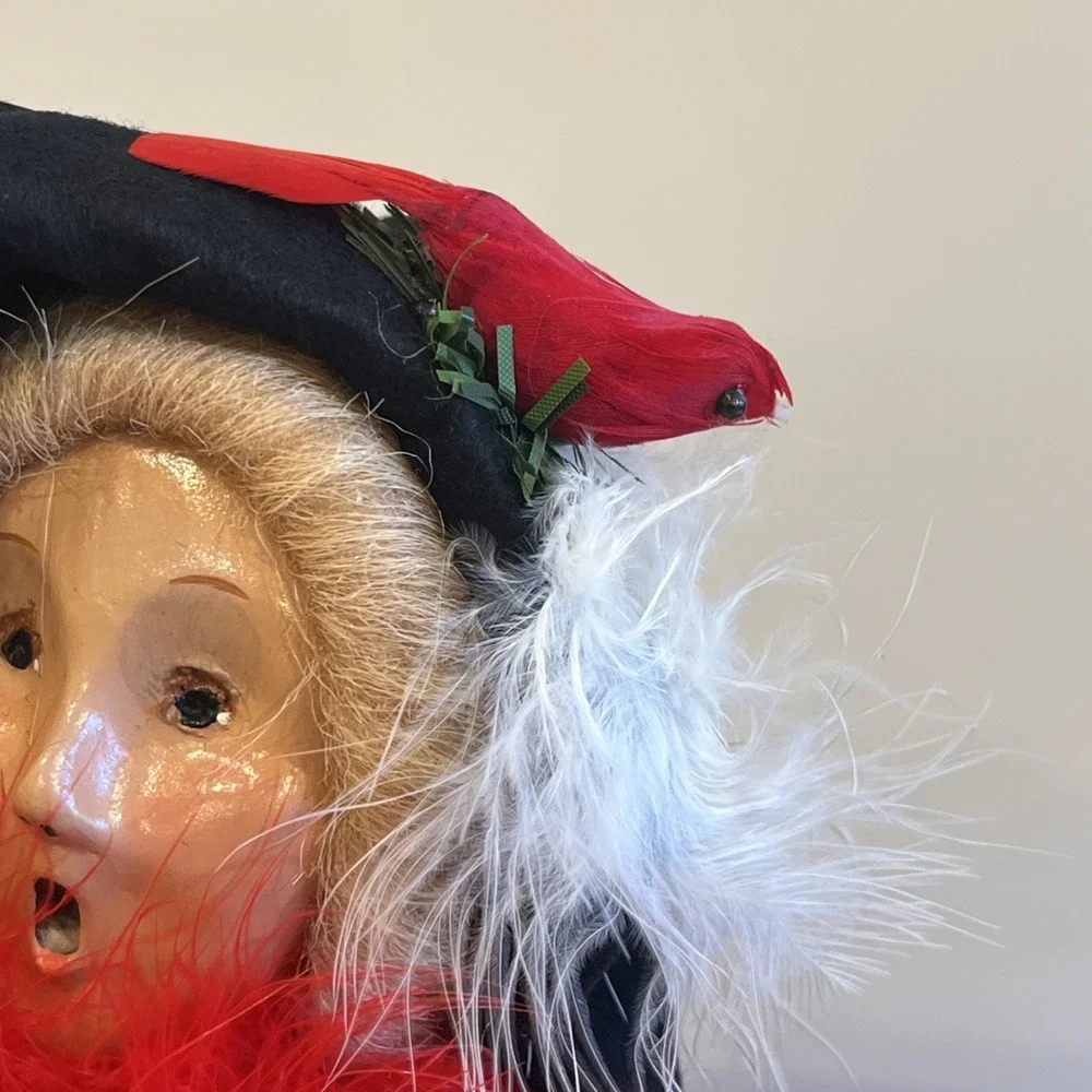 1996 BYERS CHOICE CHRISTMAS CAROLER Blond Hair cardinal, Red Boa Pearls Plaid